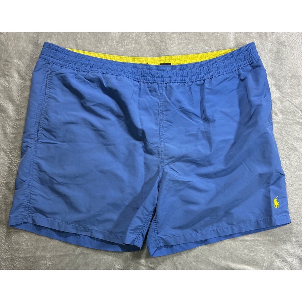 Polo Ralph Lauren Mens XXL Blue Yellow Pony Logo Mesh Lined Swim Trunks Shorts